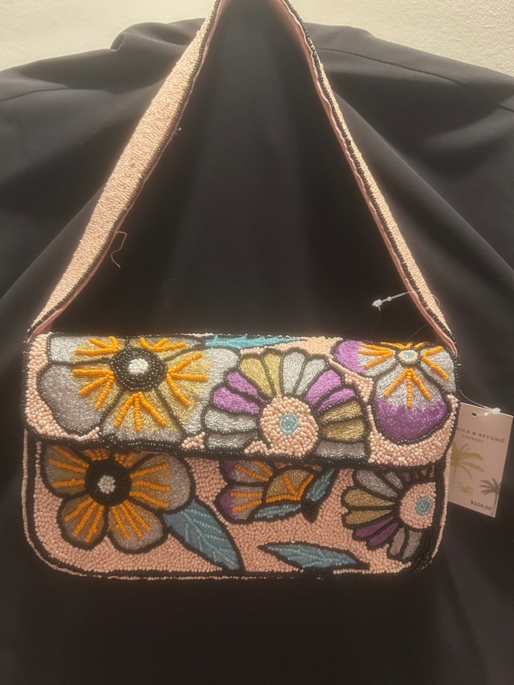 Embroidered Floral Beaded Shoulder Bag - Pink